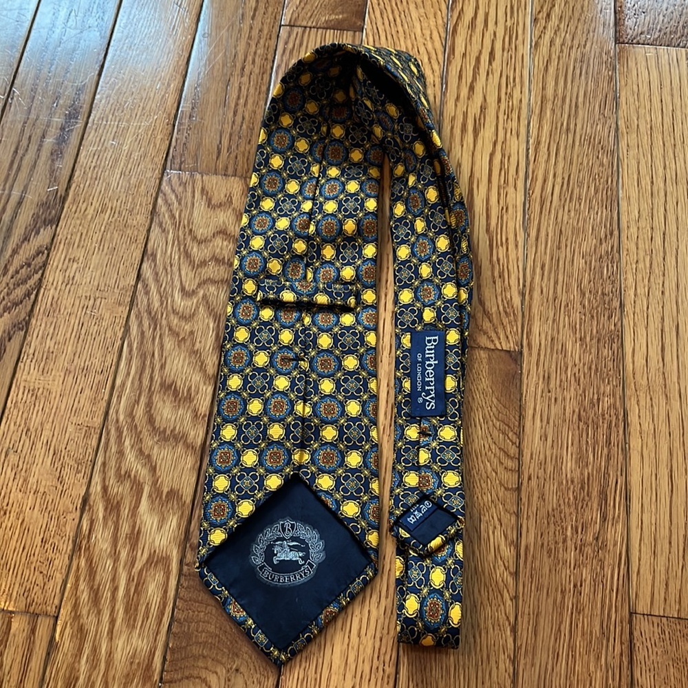 Vintage Burberry Silk Tie Blue Yellow Gold Burberrys London Wedding‎ Formal - Picture 3 of 6